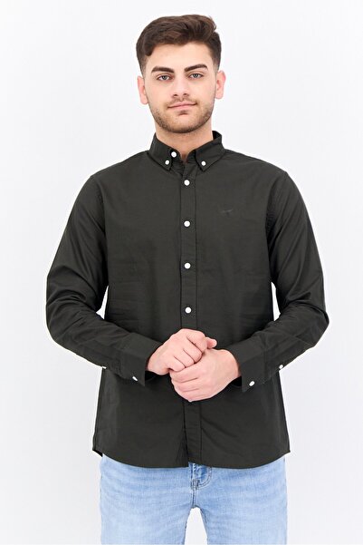 Algspar قميص رجالي كاجوال سادة بأكمام طويلة وقصّة عادية، لون أخضر عسكري