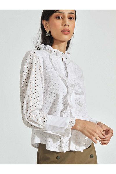 The Label Life White Schiffli Ruffled Shirt