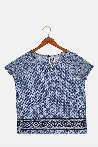 Pepe Jeans Kids Girl Round Neck Cap Sleeves Diamond Pattern Blouse, Blue Combo