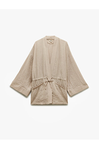Koton Long Sleeve Pocketed Double Breasted Kimono with Lace up Detail at Waist