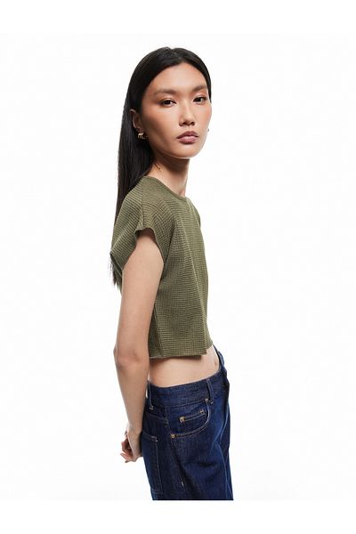 Koton Textured Cap Sleeve Crew Neck Crop T-Shirt