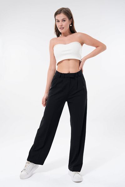lovebox Women's Modern Palazzo Cut Wide Leg Black Fabric Trousers 002