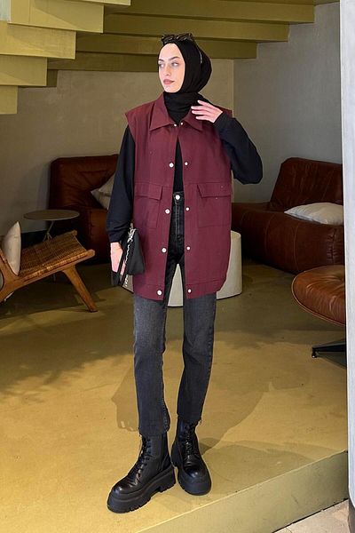 lamelif Front Snap Button Vest Claret Red
