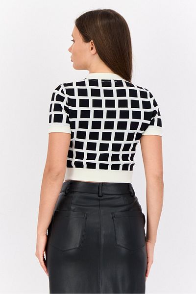 Esprit Women Crew Neck Short Sleeve Windowpane Crop Top, Multi Color