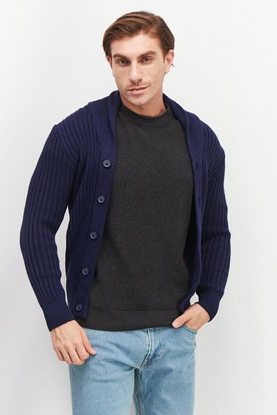 CELIO Men V-Neck Long Sleeve Textured Sweater, Navy Blue