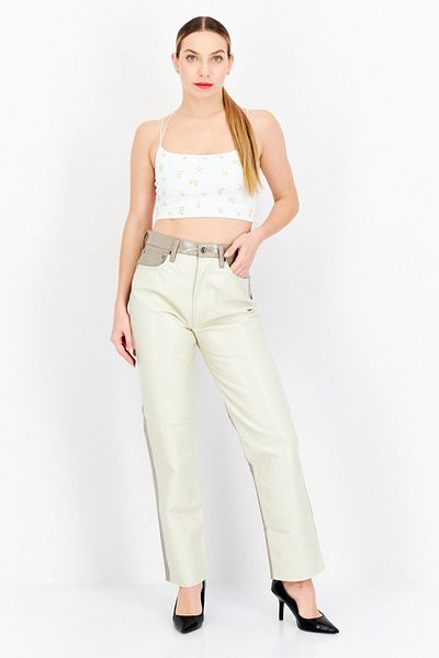 Agolde Women Regular Fit Two Toned Straight Leg Leather Pants, Biege Combo