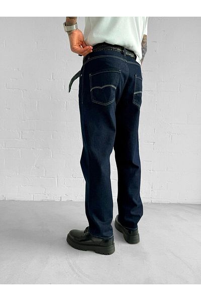 ablukaonline Men's Contrast Stitched Baggy Fit Jean Trousers Navy Blue