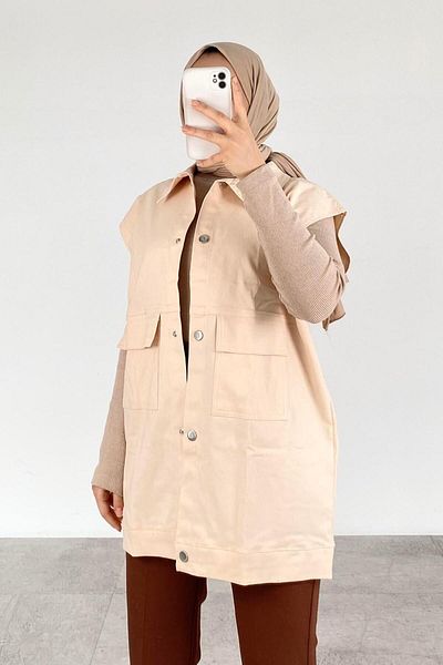 lamelif Front Snap Button Vest Sand Beige