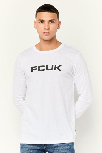 French Connection Men Crew Neck Long Sleeves Brand Logo T-shirt, White