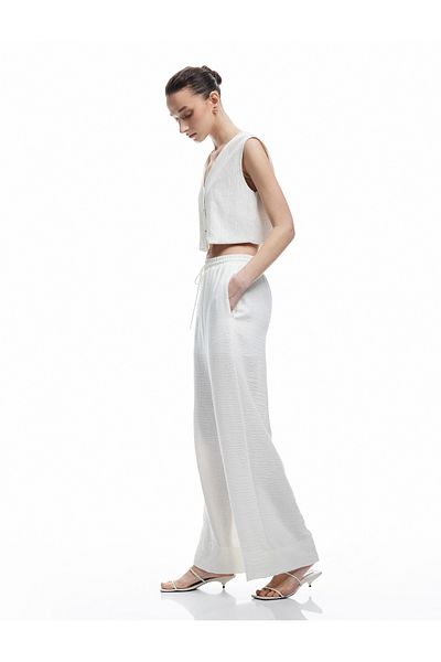 Koton Lined Tie Waist Elastic High Waist Pocket Wide Leg Trousers