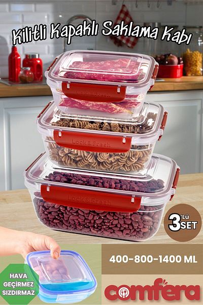 BAGER MARKET Leak Proof Rectangular Storage Container Erzak Dowry Set 3-4-1400ml