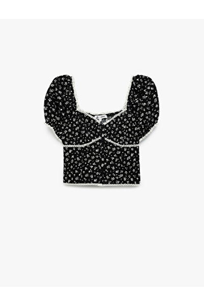 Koton Sweetheart Neckline Short Balloon Sleeve Floral Crop Blouse