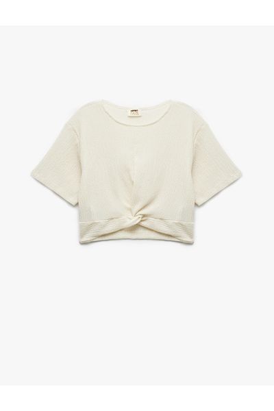 Koton Crew Neck Short Sleeve Crop Blouse with Tie Detail