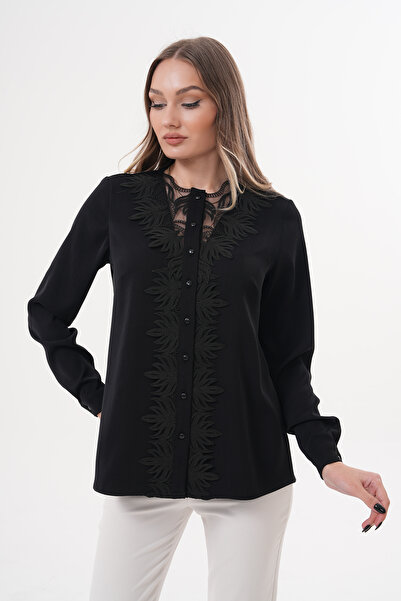 Loom Boutique Büyük Beden Fransız Güpür Dantelli İnci Düğmeli Krep Gömlek