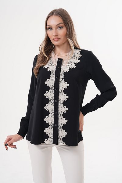 Loom Boutique Large Size French Guipure Lace Crepe Shirt with Pearl Buttons