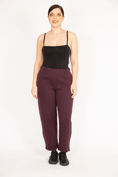 Şans Pantaloni de damă bordeaux, mărime mare, cu imprimeu de fier, cusături pe iarbă, cu talie elastică, buzunare laterale 65n36112