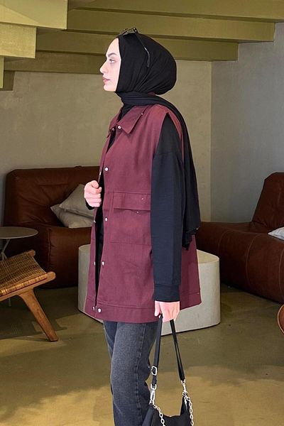 lamelif Front Snap Button Vest Claret Red