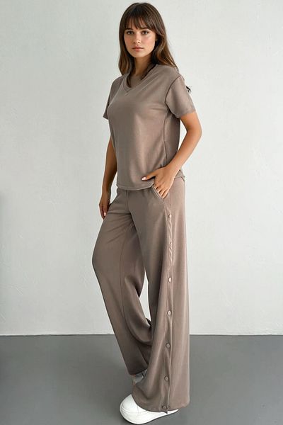 FEMELLE Costum modal premium - maro cu talie elastică și nasturi cu apăsare