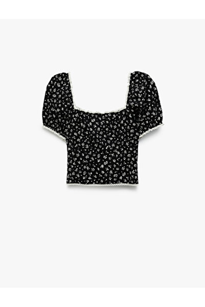 Koton Sweetheart Neckline Short Balloon Sleeve Floral Crop Blouse