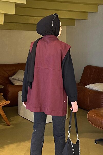 lamelif Front Snap Button Vest Claret Red