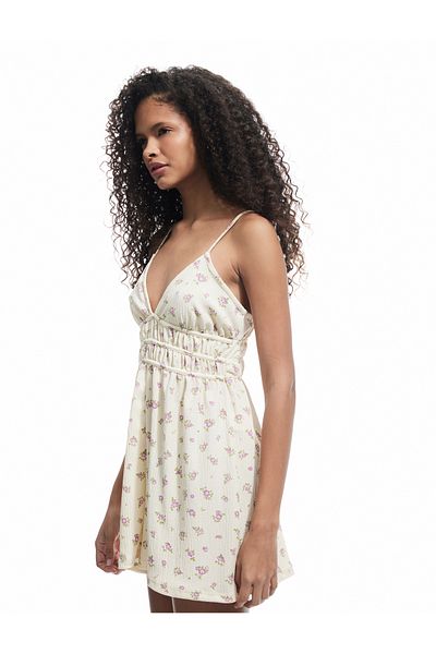 Koton Gimped V-Neck Floral Salopet Mini Jumpsuit with Shorts