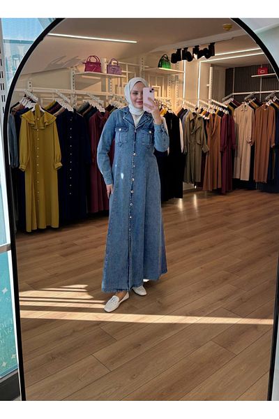 OlaLady Rochie de damă, cu buzunar cargo, cu nasturi în față, din denim, din denim