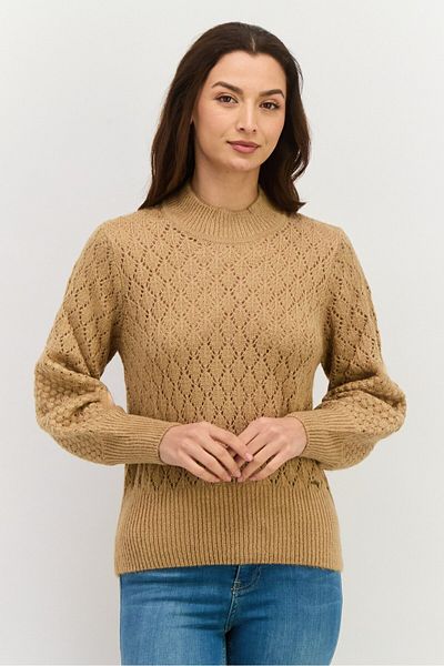 Pepe Jeans Women Round Neck Long Sleeve Crochet Sweater, Brown