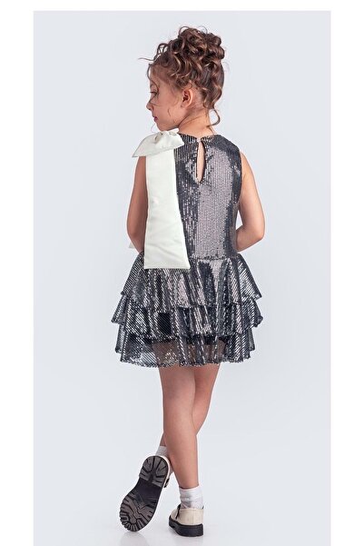 Mnk Baby&Kids Yaka Fiyonk Işıltılı Pul Payet Kumaş Kız Çocuk Abiye Elbise M00702 Siyah - Gri