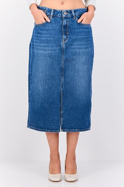 Esprit Women Washed Denim Skirt Midi Skirt, Navy