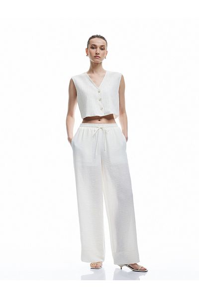 Koton Lined Tie Waist Elastic High Waist Pocket Wide Leg Trousers