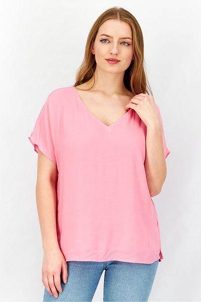 Esprit Women V-neckline Cap Sleeve Plain Blouse, Pink