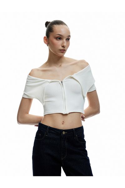 Koton Viscose Slim Fit Off-Shoulder Collar Detailed Short Sleeve Zippered T-Shirt