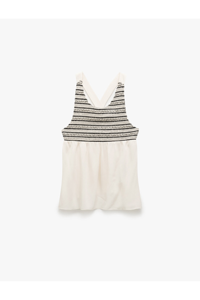 Koton Viscose Fabric U Neck Sleeveless Back Cross Strap Beaded Crochet Blouse