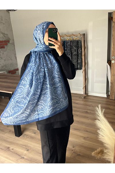 Merwiss Ethnic Retro Patterned Soft Blue Shawl