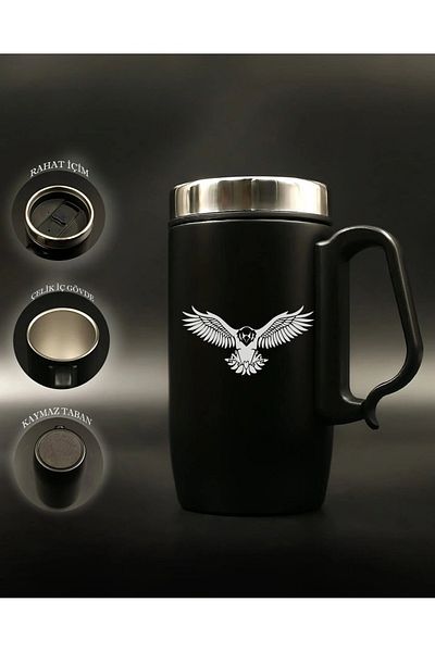 Nesnel Gift Black Steel Handled Glass Thermos - Eagle Motif