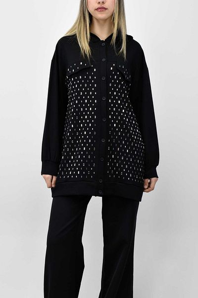 birizmoda Stone Detailed Hooded Buttoned Tunic - Black