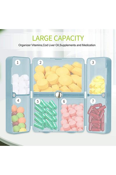 COOYA Portable Pill Box, Travel Pill Organizer, Pill Box for Purse Pocket To Hold Vitamins, Blue