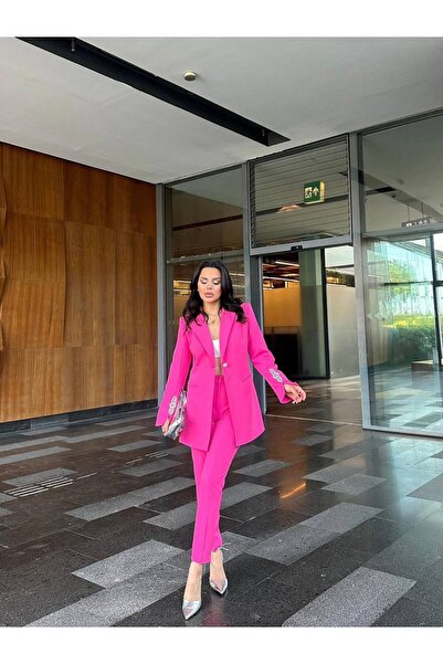 BARG FASHION Kadin Taş Detaylı Blazer Ceket Pantolon Takım Elbise