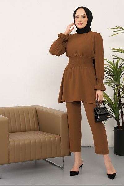 Bestenur Gipeli Tunic Παντελόνι Hijab Διπλό Σετ 218 - Καφέ