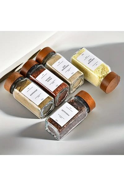 emdeco Set of 12 Square Minimal Acacia Lid Glass Spice Shakers 120ml with Label Gift