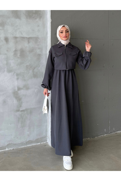 ENSA TESETTUR Γκρι φόρεμα με γιλέκο Eslem
