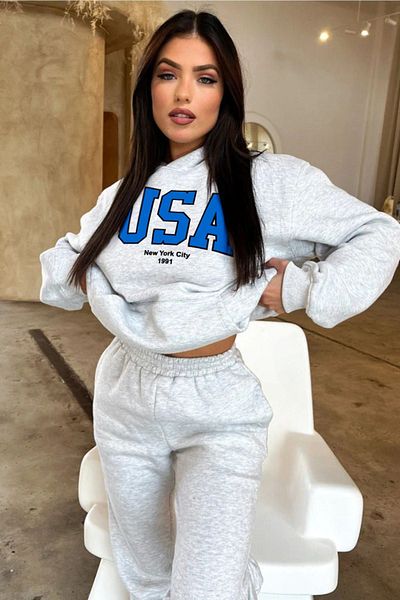 DUBU BUTİK Σετ φόρμας Usa Sweatshirt Jogger - Γκρι εμπριμέ Oversize Raised Hooded