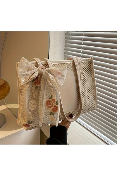 ÇANTA VİP bej renk çiçekli dantel fiyonk süslemeli büyük boy hasır omuz çantası