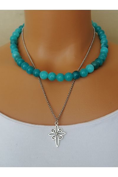 LemaStone Natural Stone Larimar Ceyt Stone and Steel Chain Necklace