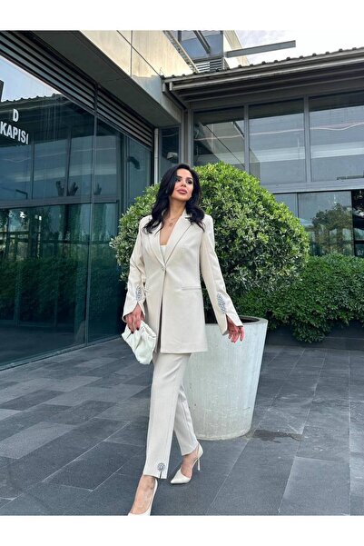 BARG FASHION Kadin Taş Detaylı Blazer Ceket Pantolon Takım Elbise
