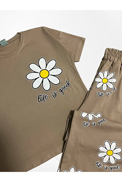 Pijamakids Κοριτσίστικο σετ φόρμας 100% βαμβακερό μπεζ χρώματος με λουλουδάτο σχέδιο μαργαρίτας, κοντό μανίκι, φαρδύ πόδι, εποχικό σετ φόρμας