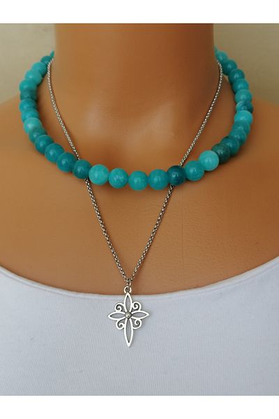 LemaStone Natural Stone Larimar Ceyt Stone and Steel Chain Necklace