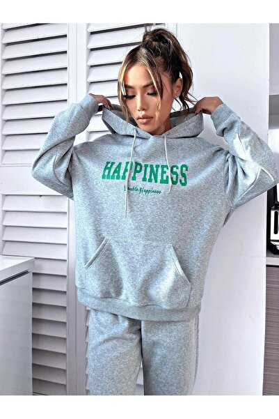 DUBU BUTİK Happiness Eşofman Takımı Sweatshirt Jogger - Gri Baskılı Oversize Şardonlu Kapüşonlu