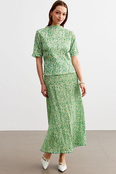 MODAGEN Set de fuste lungi pentru femei, cu model de flori verzi, cu pliuri