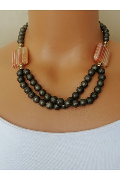 LemaStone Natural Stone Necklace; Designed with 8mm Pyrite ,Aa Quality Agate and Hematite Stone.